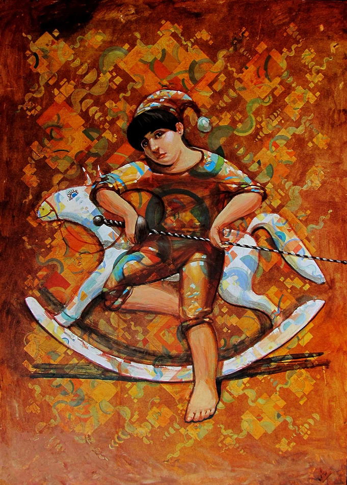 Child Jester on Rocking Horse Painting
