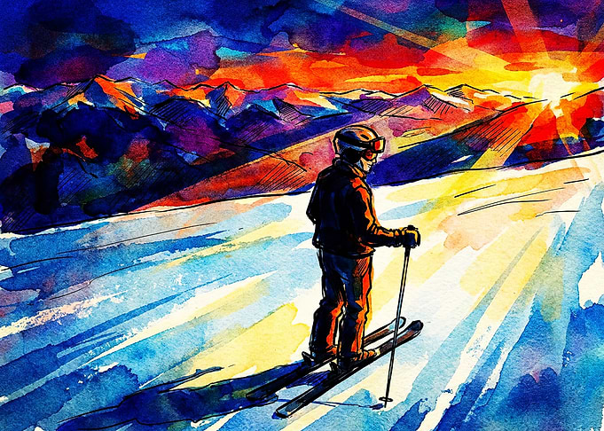 Skier at Sunset Watercolor Painting