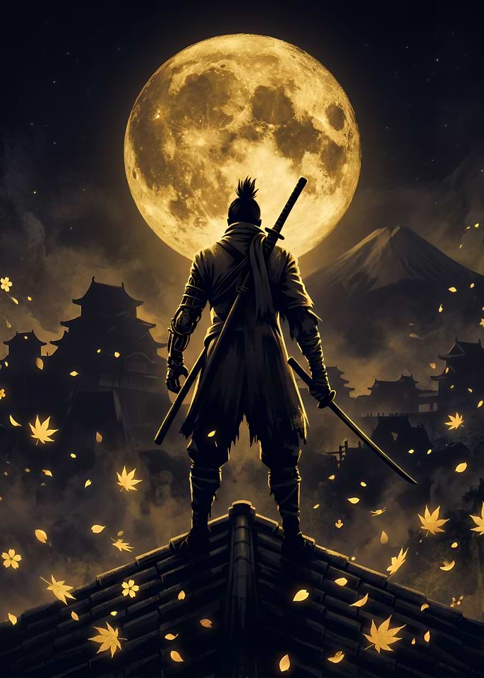 Samurai Standing Under Full Moon