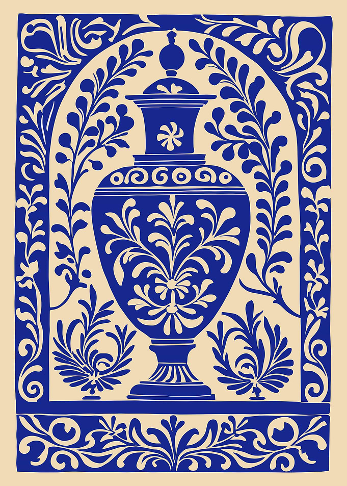 Blue and Cream Floral Urn Illustration