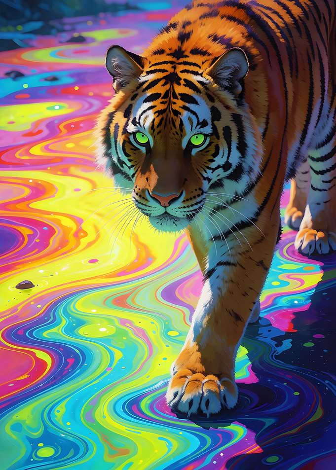 Tiger Walking on Colorful Liquid Paint
