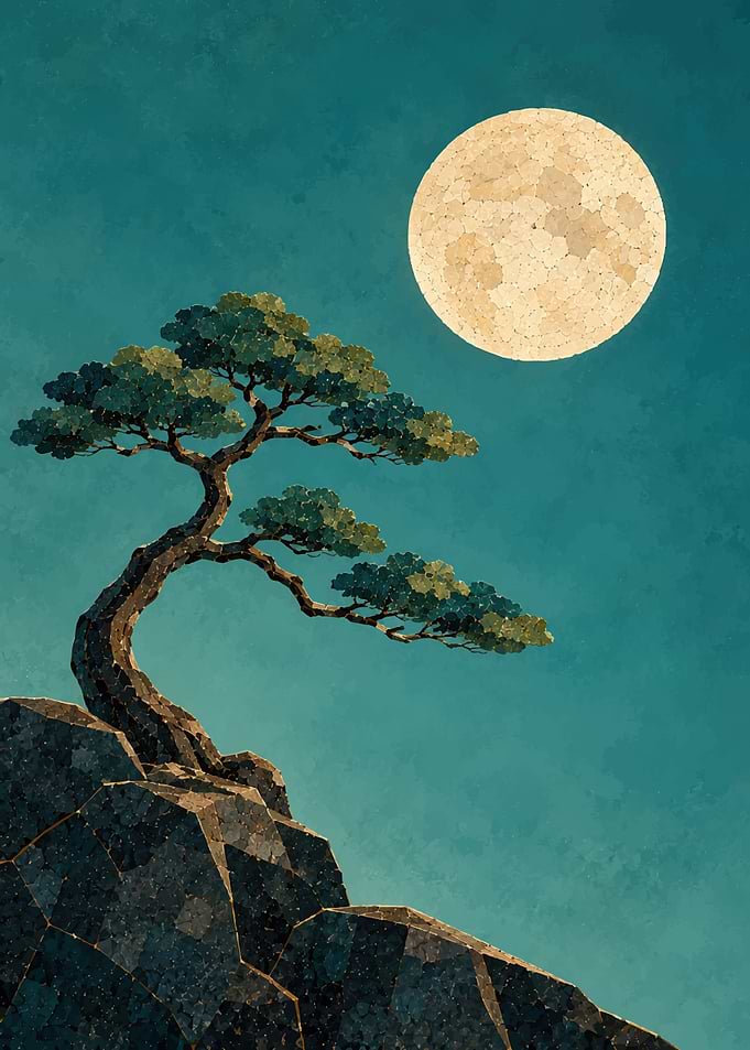 Bonsai Tree Under Full Moon