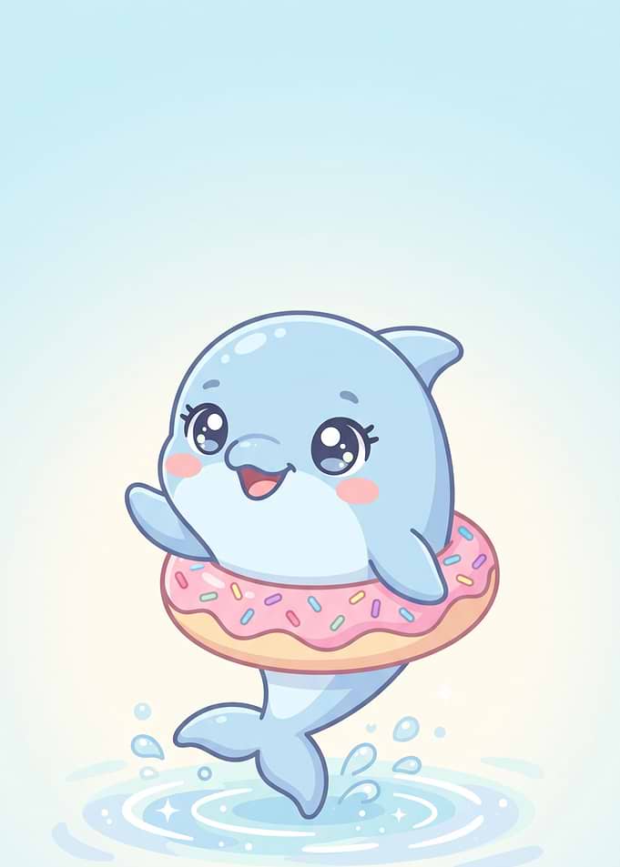 Cute Cartoon Dolphin with Donut Float
