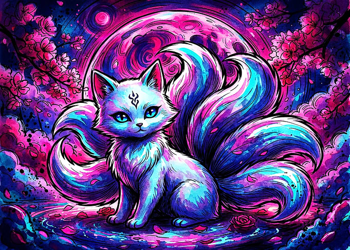 Neon Nine-Tailed Kitsune Cat