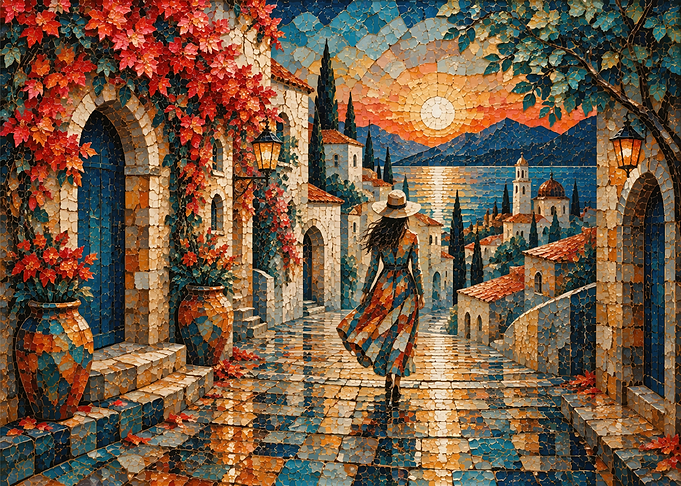Woman Walking Through Mediterranean Mosaic Village