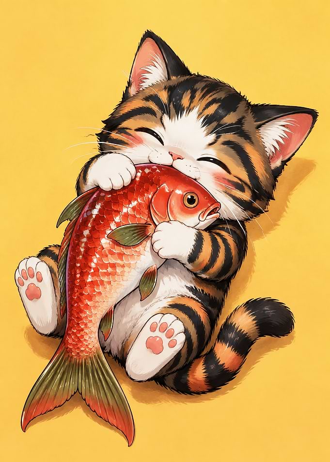 Cute Tabby Kitten Hugging a Fish