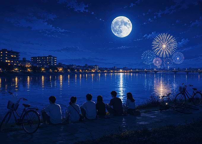 Friends Watching Fireworks Under Full Moon