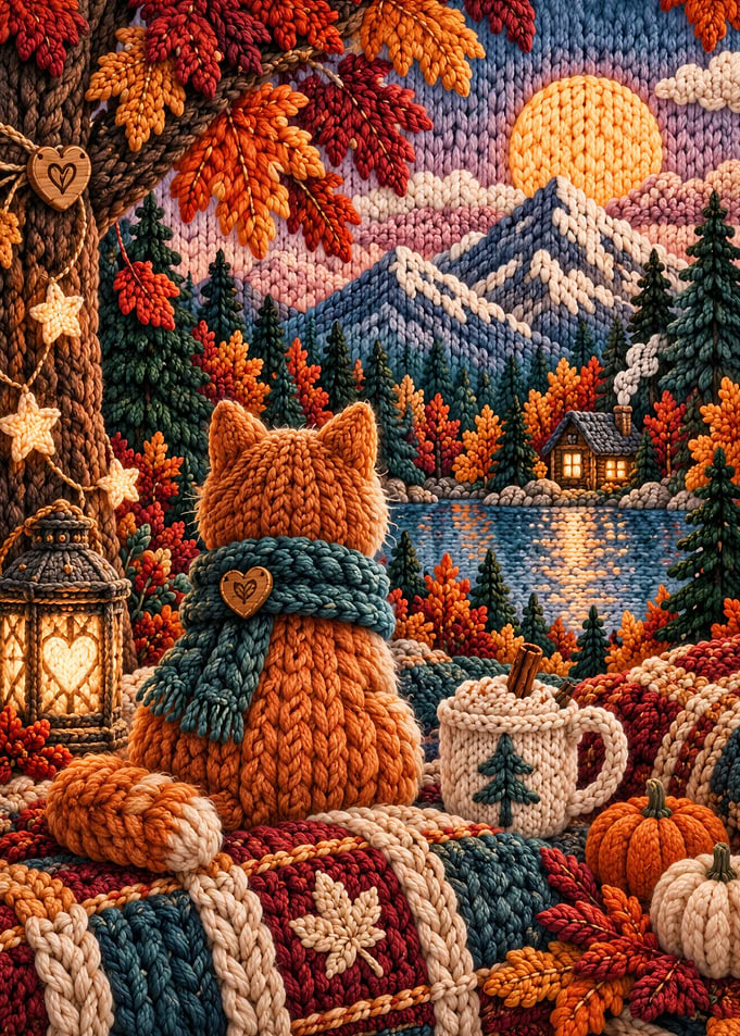 Cozy Knitted Ginger Cat Autumn Landscape