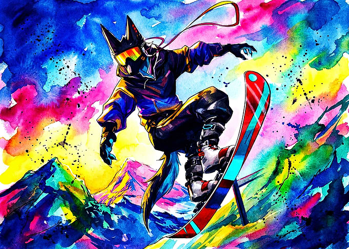 Colorful Anthropomorphic Wolf Snowboarding Art