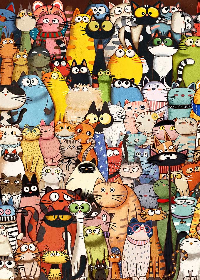 Whimsical Crowd of Colorful Cats