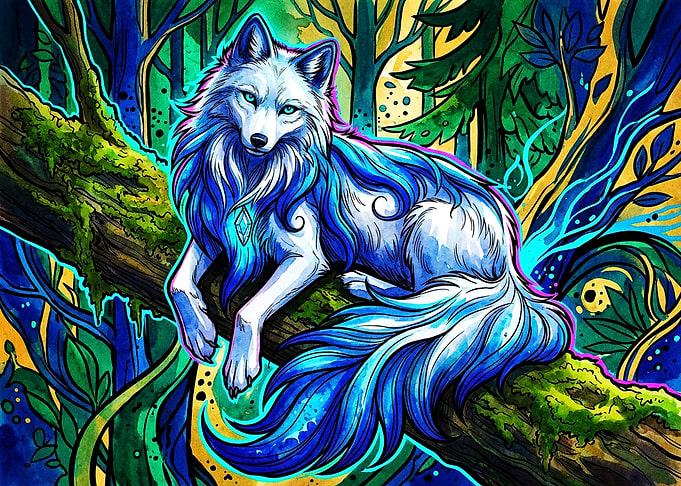 Mystical Blue Fox in Enchanted Forest