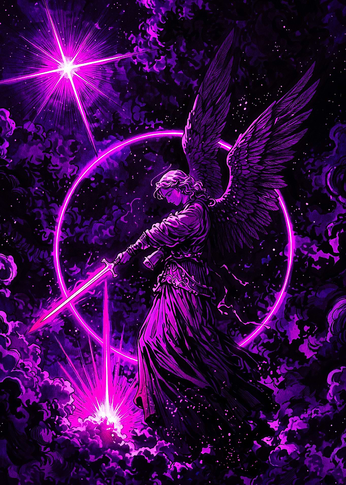 Purple Neon Angel with Sword