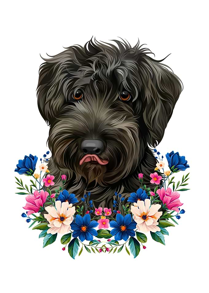 Black Dog Portrait with Floral Wreath
