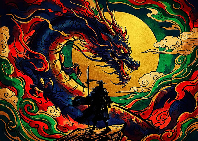 Warrior Facing a Mythical Dragon