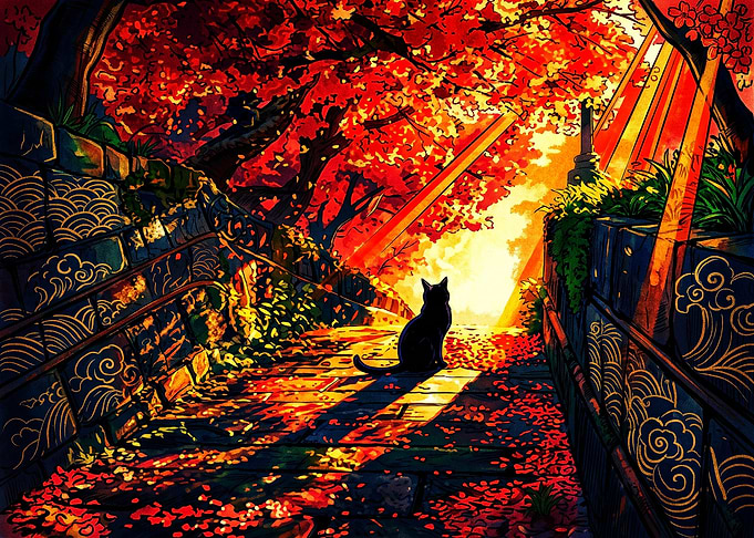 Black Cat in Autumn Sunset