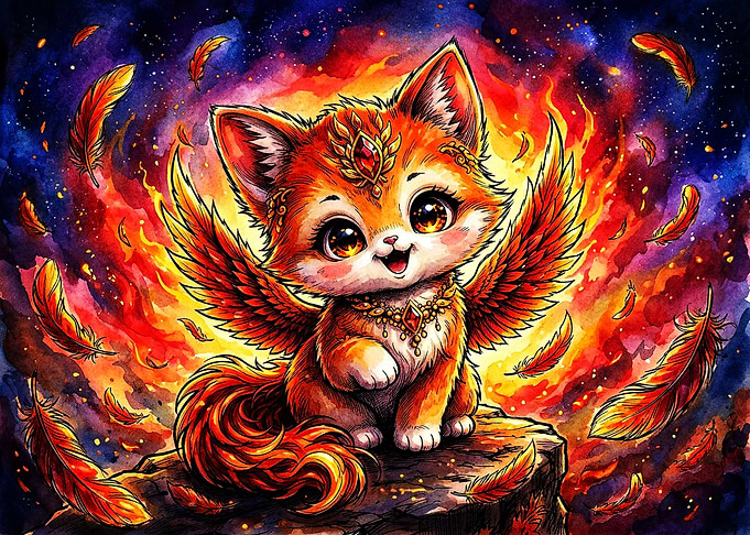 Cute Phoenix Kitten Fantasy Art