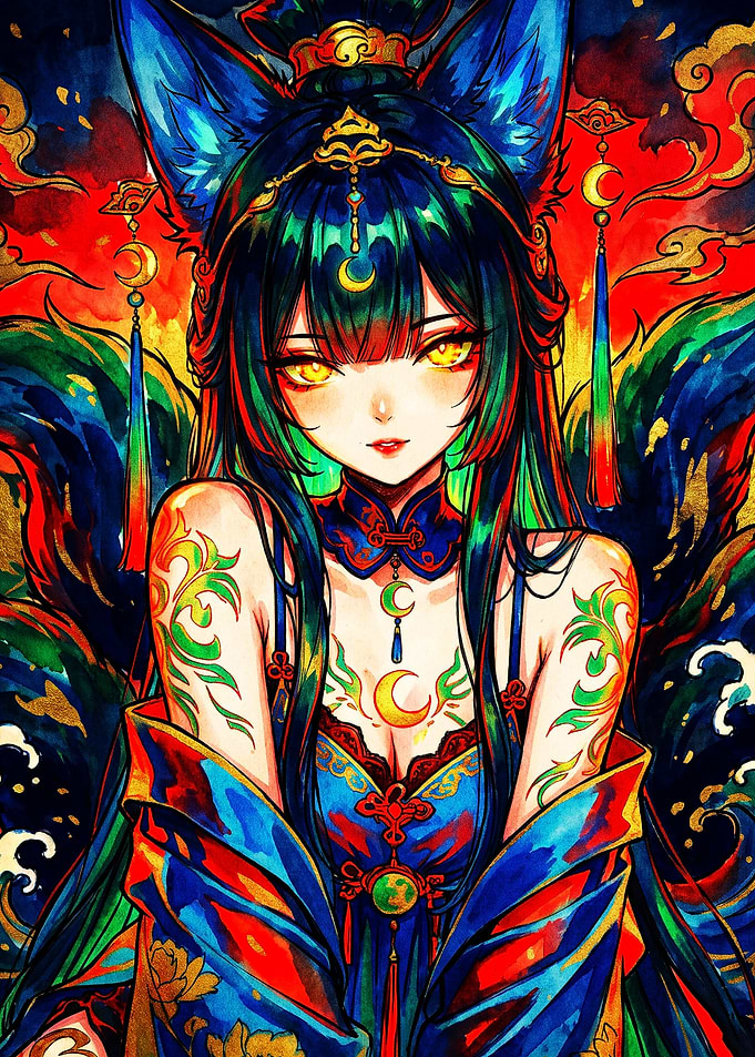 Vibrant Kitsune Anime Girl Portrait