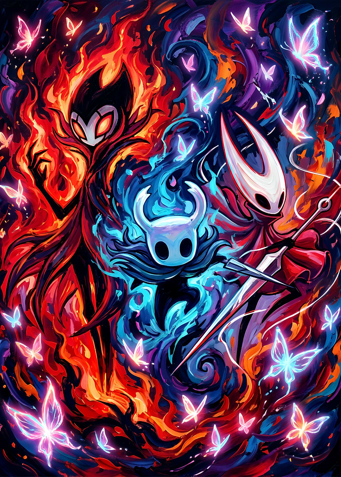 Hollow Knight Characters in Vibrant Flames