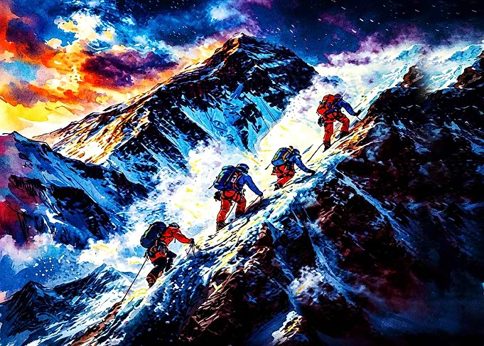 Mountaineers Climbing Snowy Peak