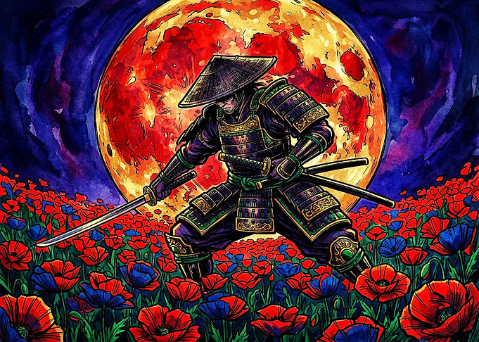Samurai Warrior in Poppy Field