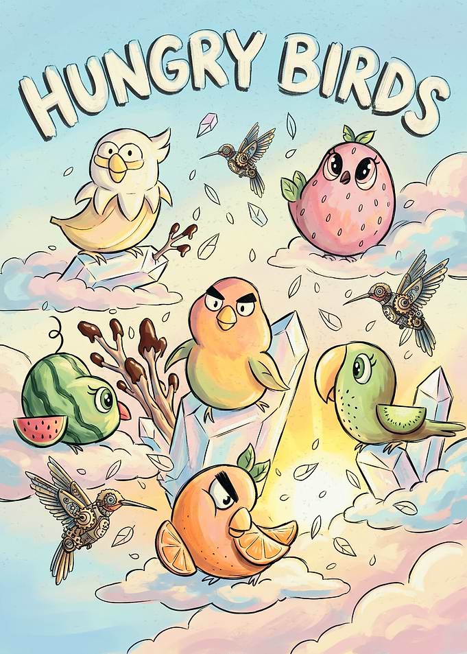 Hungry Birds Fruit and Steampunk Illustration