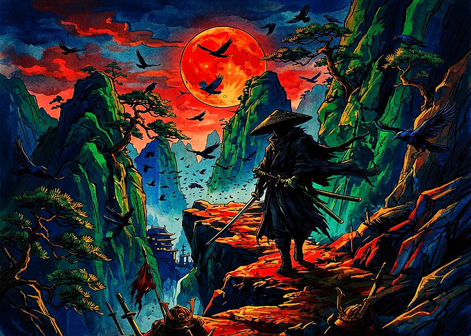 Samurai Warrior Under Blood Moon