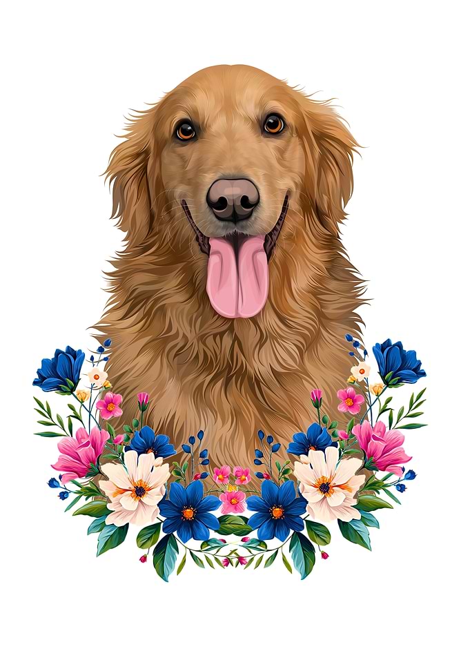 Golden Retriever Portrait with Floral Wreath