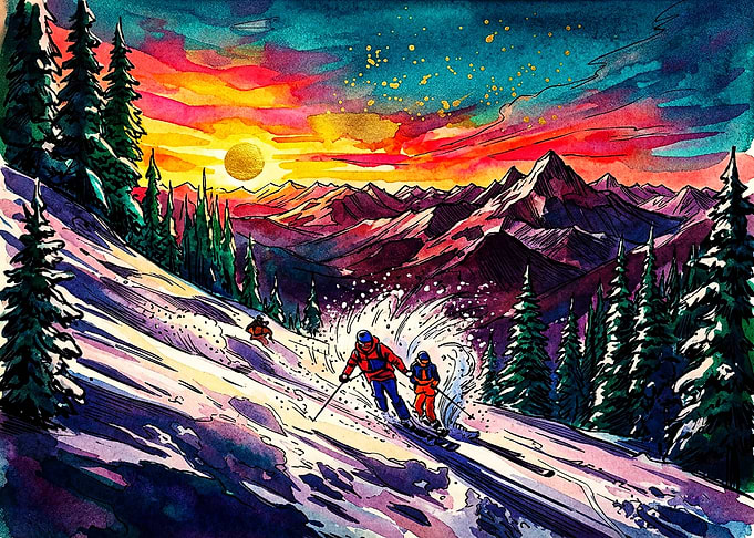 Vibrant Watercolor Skiing Mountain Landscape