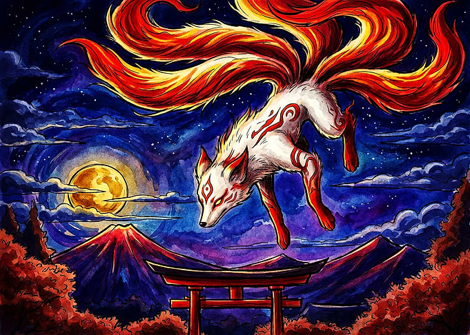 Nine-Tailed Kitsune Fox Under Moonlight