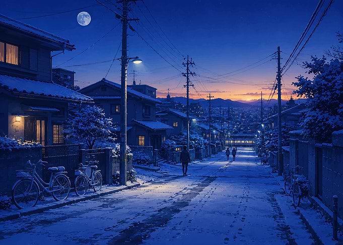 Snowy Japanese Street at Twilight