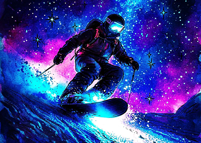 Cosmic Snowboarder in Neon Galaxy