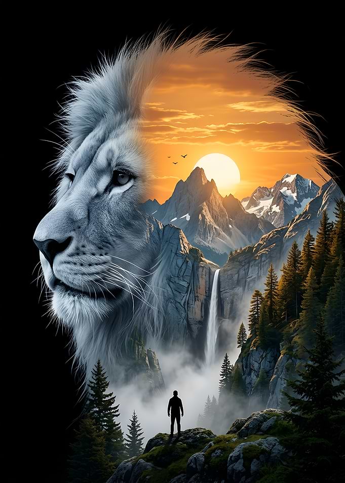 Lion Double Exposure Mountain Landscape Waterfall