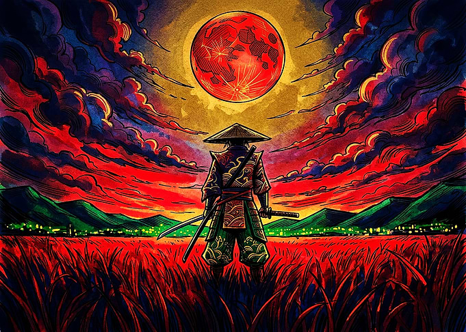 Samurai Standing Under Blood Moon