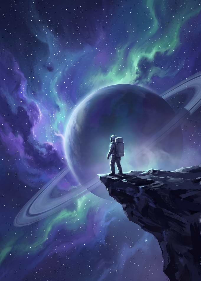 Cosmic Wanderer - Astronaut on Cliff Nebula & Ringed Planet