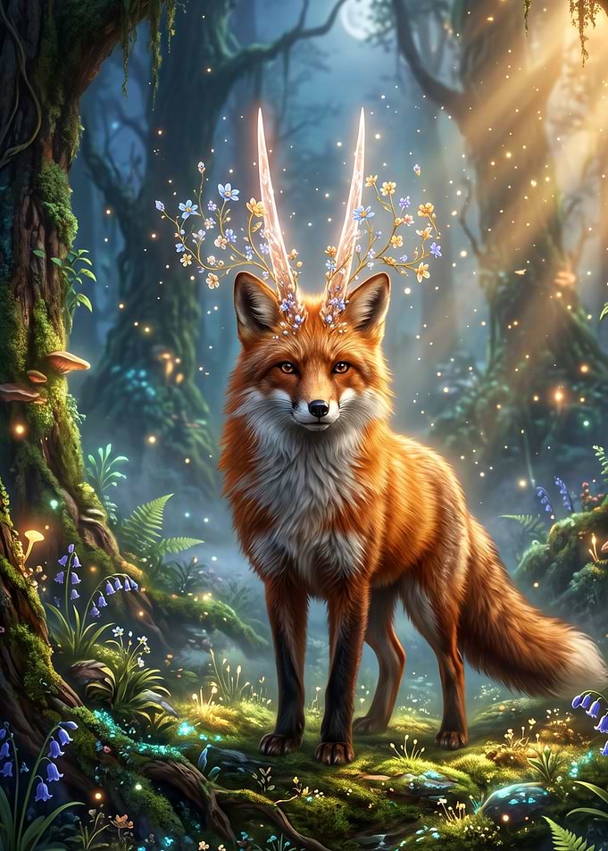 Magical Fox with Floral Antlers