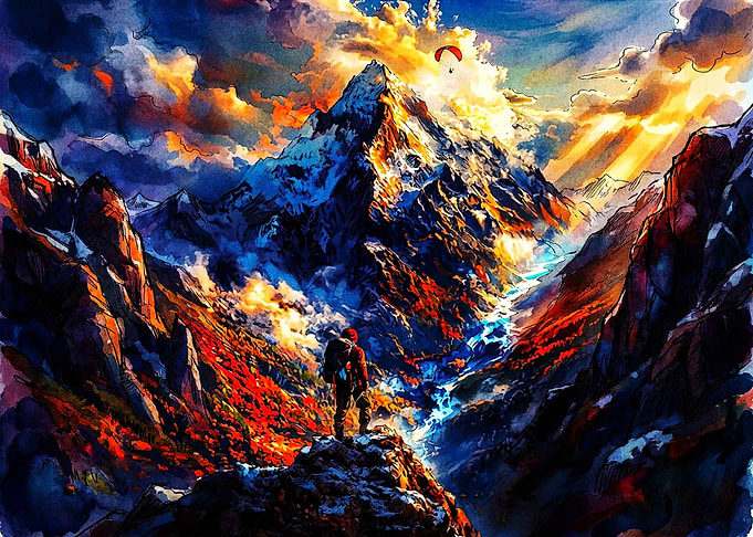 Adventurer Standing Before Majestic Mountain Peak