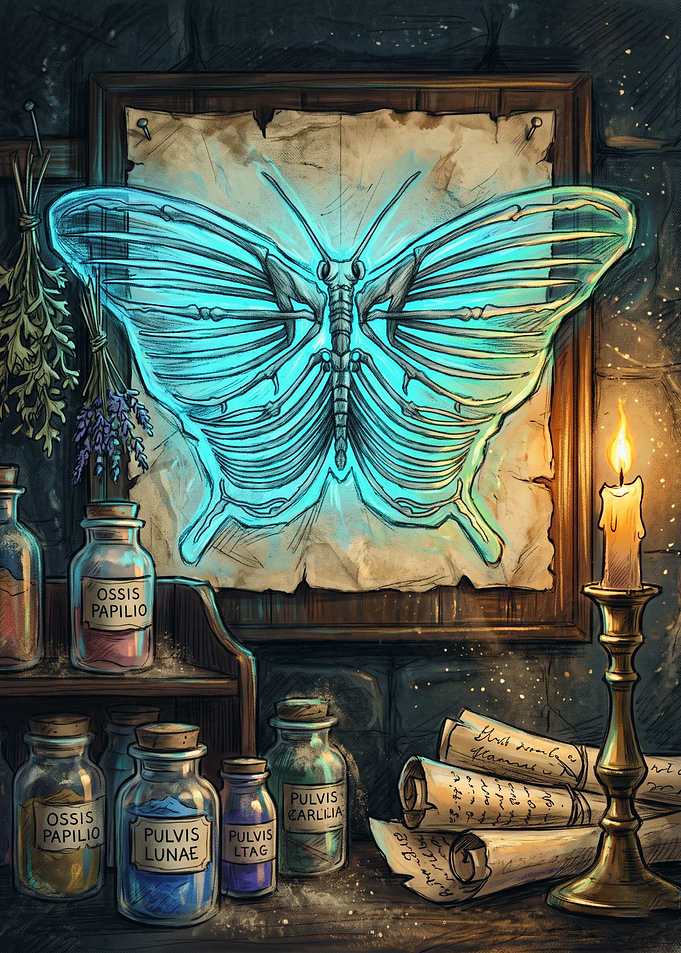 Glowing Butterfly Skeleton Alchemy Study