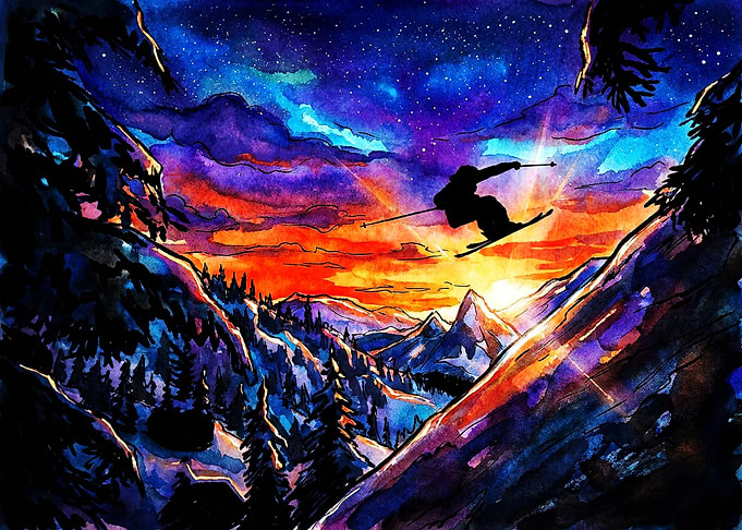 Skier Jumping Over Mountain Sunset