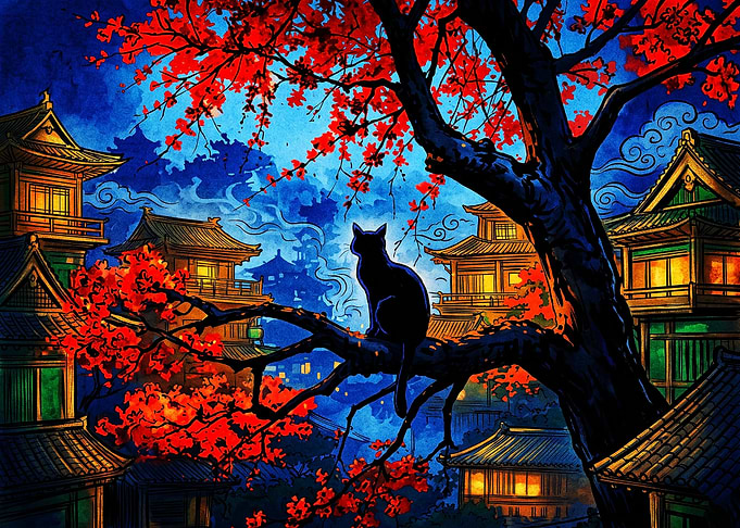 Black Cat in Japanese Temple Garden