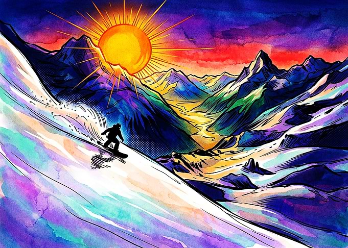 Vibrant Watercolor Snowboarding Mountain Landscape