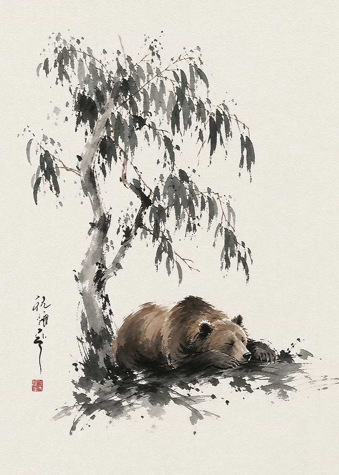 Sleeping Bear Under Tree Ink Wash