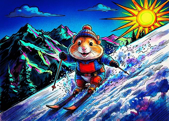 Cute Hamster Skiing Down Mountain