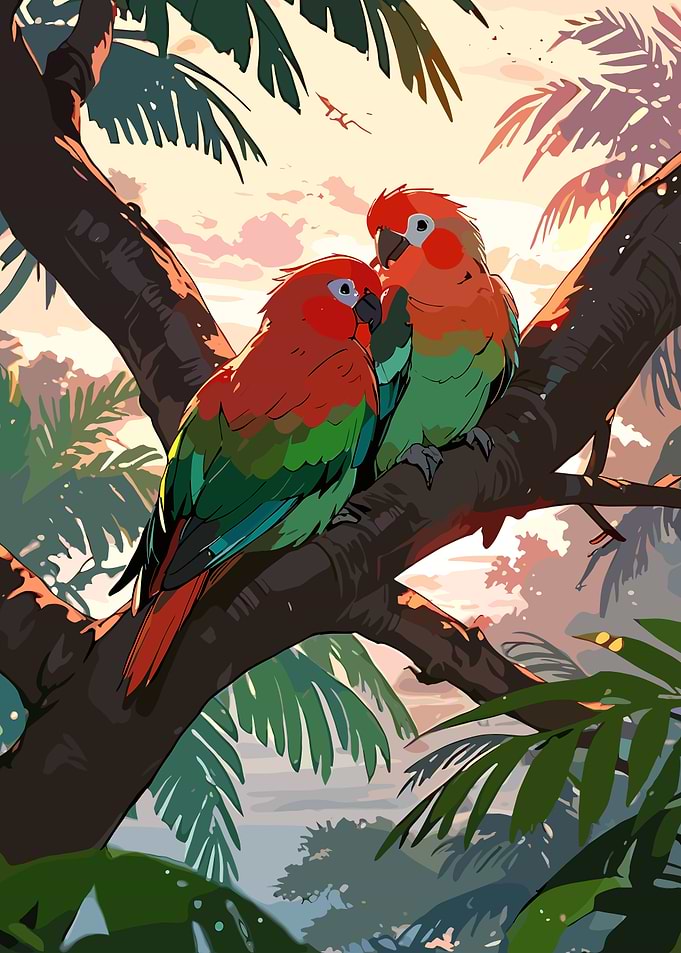 Two Parrots Perched in Tropical Jungle
