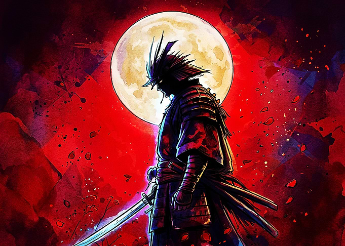 Samurai Silhouette Under Red Moon