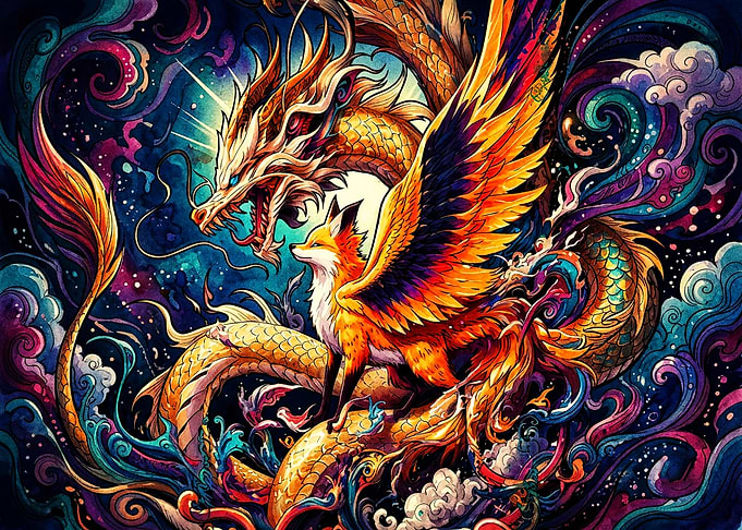 Winged Fox and Golden Dragon