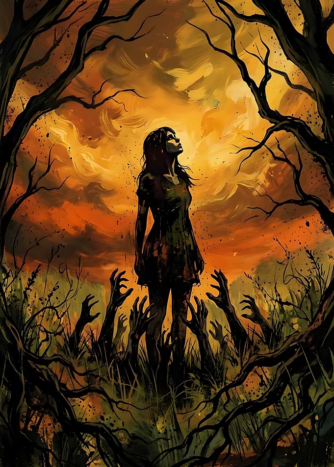 Girl Surrounded by Reaching Zombie Hands