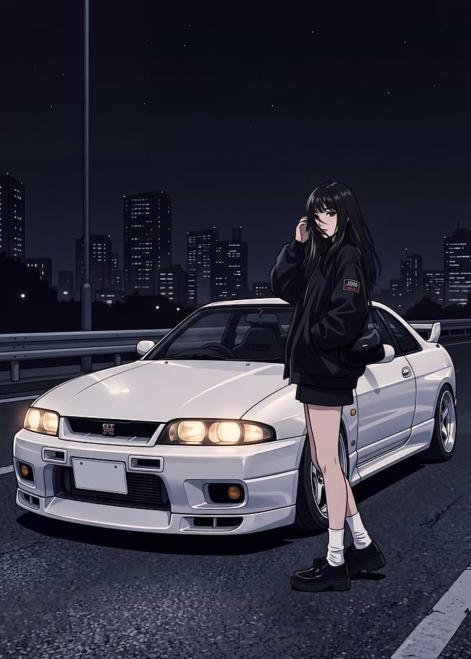 Girl with JDM Car at Night