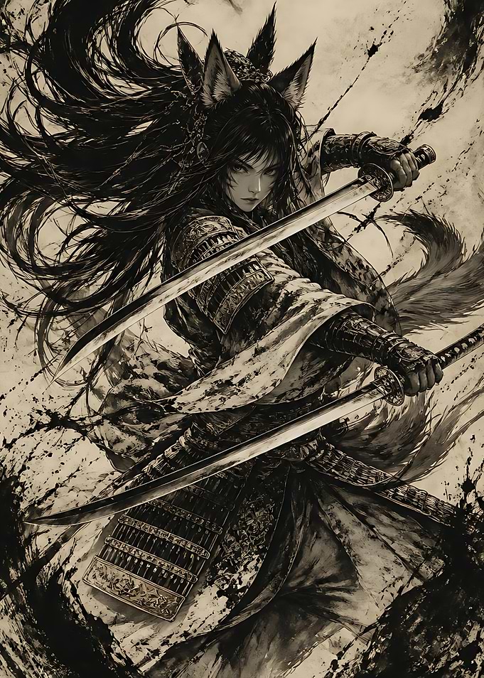 Fox-eared Samurai Warrior with Katanas
