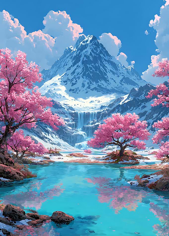 Cherry Blossoms by Snowy Mountain Lake