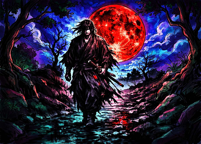 Samurai Walking Under Red Moon